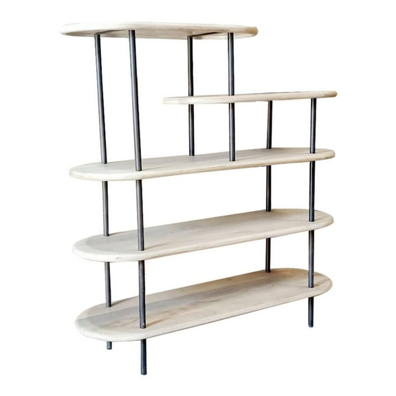 HomeRoots 58" Whitewash Solid Wood and Gray Iron Five Tier Oval Bookcase