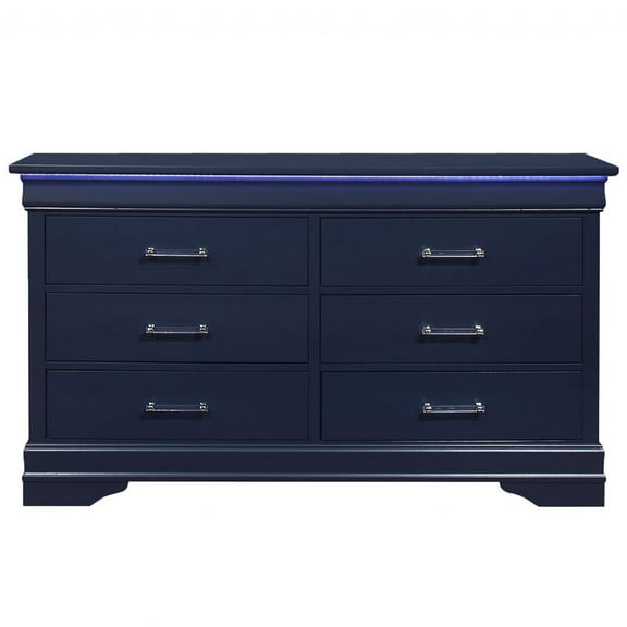 HomeRoots 59" Blue Solid Wood Six Drawer Double Dresser with LED