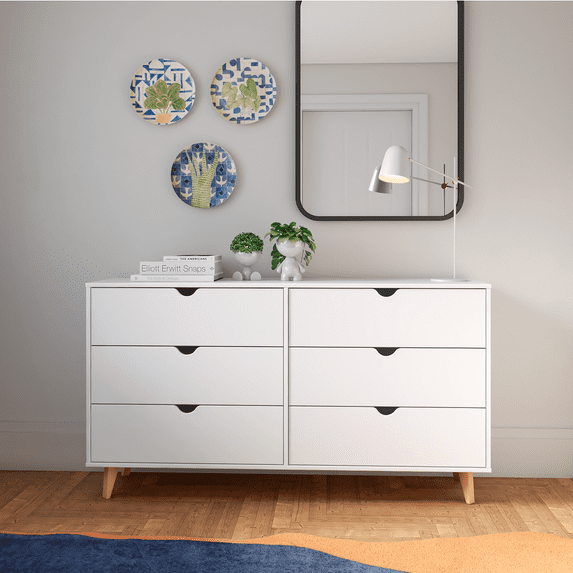 HomeRoots 490832 32 x 59 x 16 in. White Scoop Handle Six Drawers Double Dresser