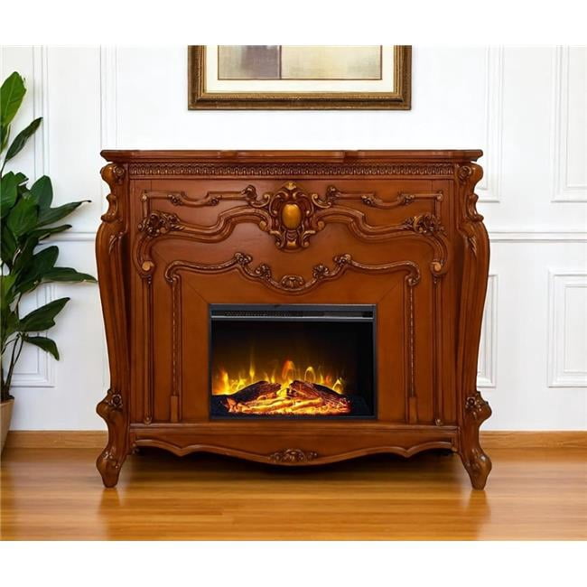 HomeRoots 574009 59 in. Brown Wood Ornate Carved Scrollwork Electric Fireplace with Mantle
