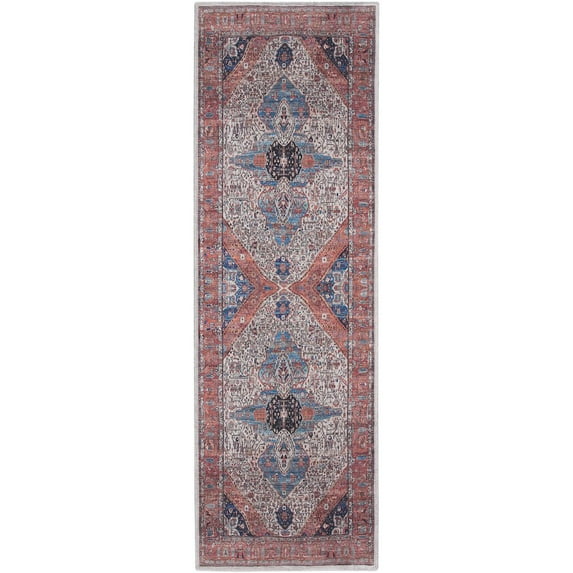 6' Red and Ivory Oriental Power Loom Distressed Washable Non Skid Runner Rug