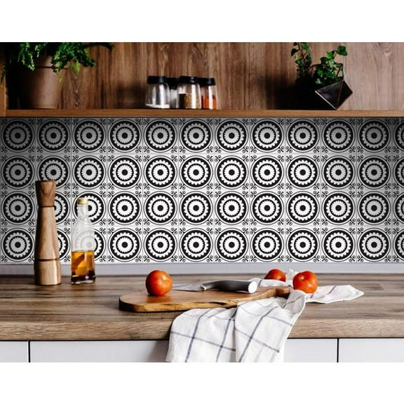 6" X 6" Black and White Posy Peel and Stick Removable Tiles