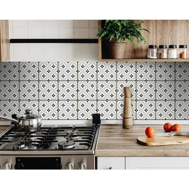 HomeRoots 6" X 6" Black and White Rosa Peel and Stick Removable Tiles Black