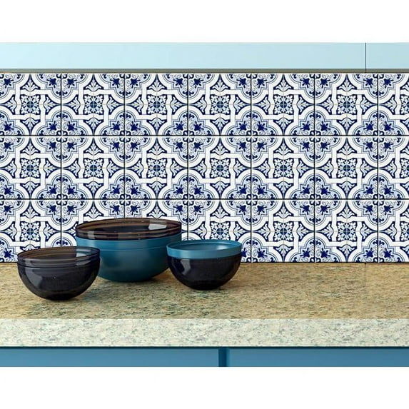 HomeRoots 6" X 6" Blue Mia Gia Peel And Stick Removable Tiles Blue