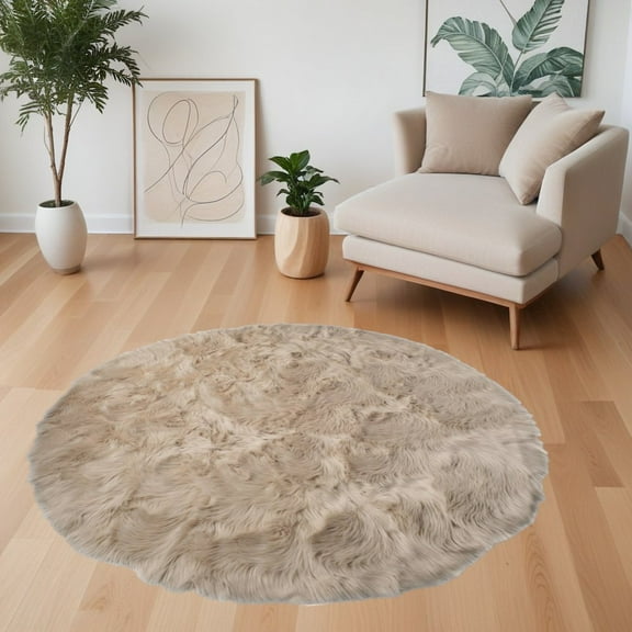 HomeRoots 6' X 6' Taupe Round Faux Fur Washable Non Skid Area Rug