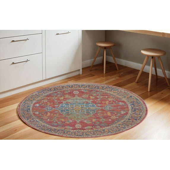 6' Blue and Red Floral Medallion Distressed Non Skid Round Rug