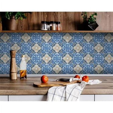 HomeRoots 6" X 6" Blues and Crema Peel And Stick Removable Tiles Blue