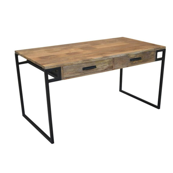 60" Natural And Black Mango Solid Wood Writing Desk With Two Drawers