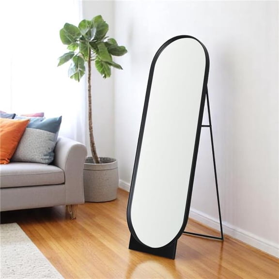 HomeRoots 607288 67 in. Black Metal Oval Freestanding Tilting Geometric Framed Standing Mirror