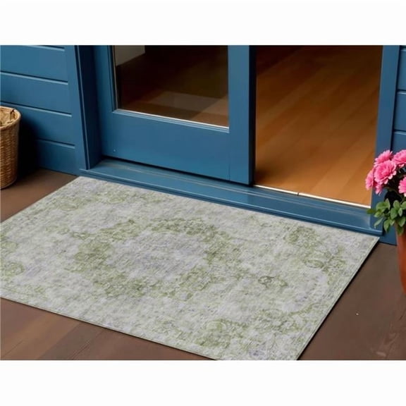 HomeRoots 607908 3 x 5 ft. Olive Green Floral Medallion Washable Indoor & Outdoor Rectangle Area Rug