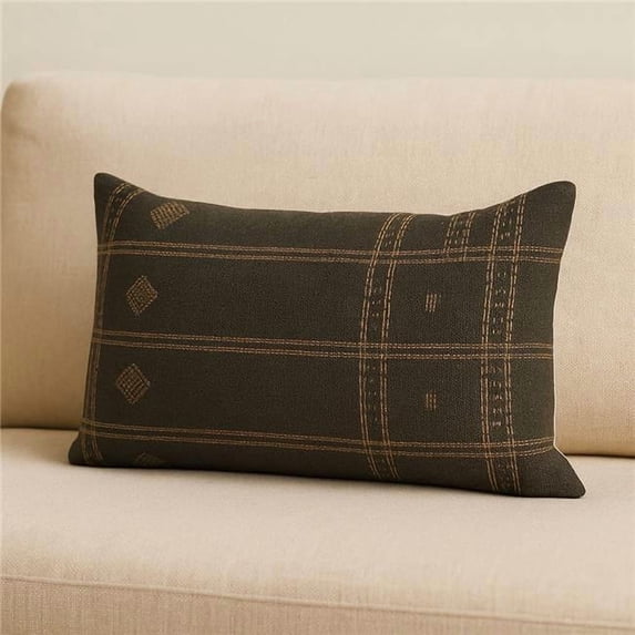 HomeRoots 608200 22 x 22 in. Dark Green & Tan Lumbar Geometric Cotton Throw Pillow Cover with Texture