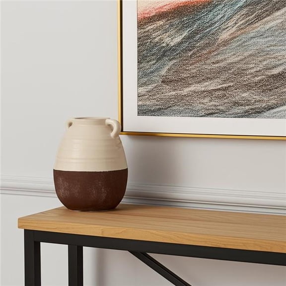 HomeRoots 608357 14 in. Brown & Cream Ceramic Amphora Table Vase