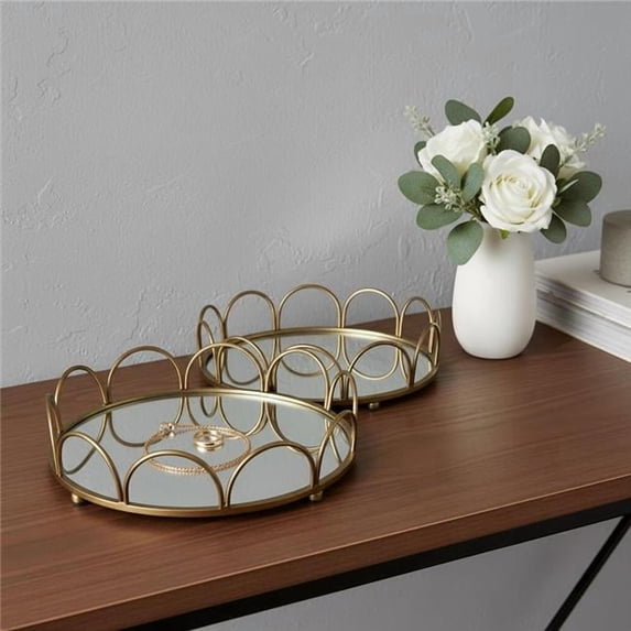 HomeRoots 608712 Antiqued Gold Metal & Mirrored Glass Round Vanity Trays, Set of 2