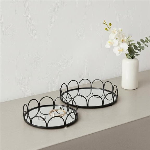 HomeRoots 608713 Black & Silver Metal & Mirrored Glass Round Vanity Trays, Set of 2