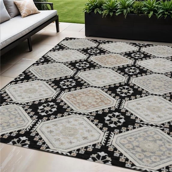 HomeRoots 610740 5 x 8 ft. Black & Silver Floral Washable Indoor & Outdoor Rectangle Area Rug