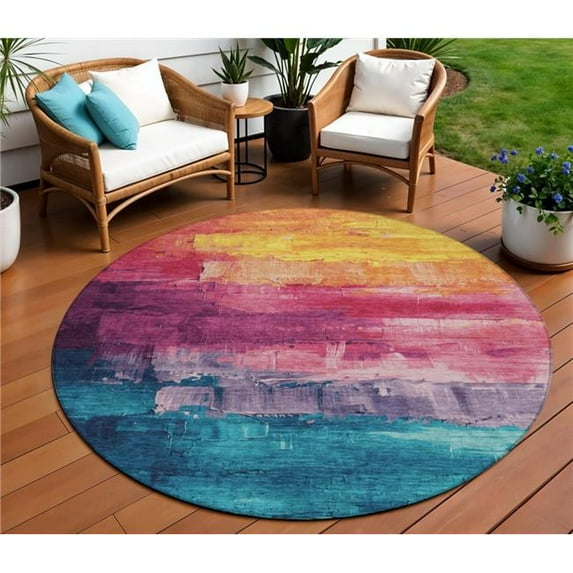 HomeRoots 610945 8 ft. Merlot & Blush Round Abstract Washable Indoor & Outdoor Area Rug