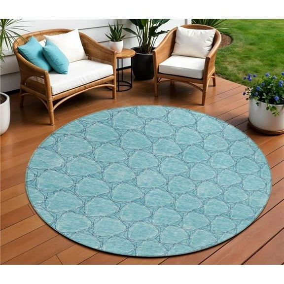 HomeRoots 613592 8 ft. Teal Blue & Navy Blue Round Geometric Washable Indoor & Outdoor Area Rug