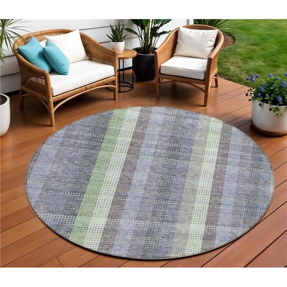 HomeRoots 613995 8 ft. Pewter Gray & Mint Green Round Plaid Washable Indoor & Outdoor Area Rug
