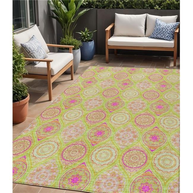 HomeRoots 614600 5 x 8 ft. Lime Green Pink & Ivory Floral Medallion Washable Indoor & Outdoor Rectangle Area Rug