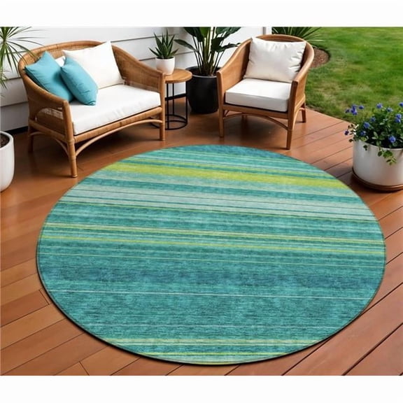 HomeRoots 614841 8 ft. Teal Blue Lime Green & Turquoise Round Striped Washable Indoor & Outdoor Area Rug