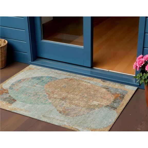 HomeRoots 615716 3 x 5 ft. Teal Blue & Copper Abstract Washable Indoor & Outdoor Rectangle Area Rug