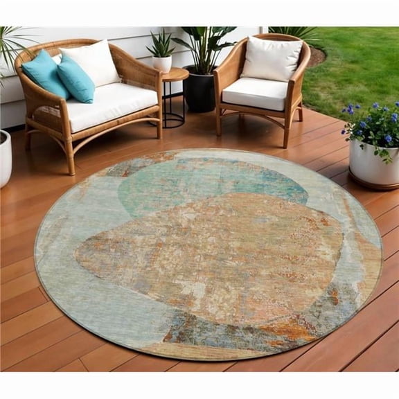 HomeRoots 615718 8 ft. Teal Blue & Copper Round Abstract Washable Indoor & Outdoor Area Rug