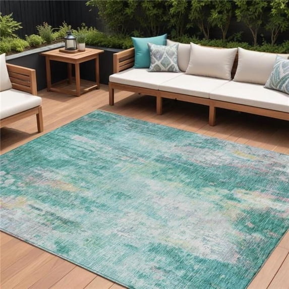 HomeRoots 615885 5 x 8 ft. Teal Blue Peach & Ivory Abstract Washable Indoor & Outdoor Rectangle Area Rug