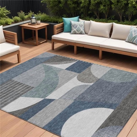 HomeRoots 616727 8 x 10 ft. Gray Blue & Ivory Geometric Washable Indoor & Outdoor Rectangle Area Rug