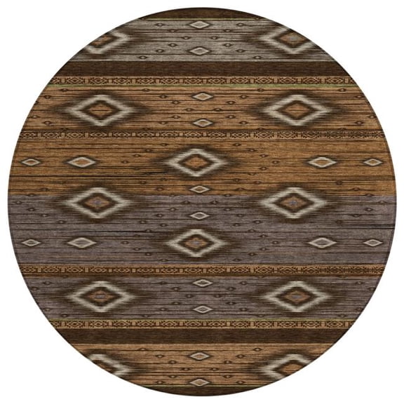HomeRoots 626734 8 ft. Chocolate Copper & Gray Tribal Washable Transitional Indoor & Outdoor Round Area Rug