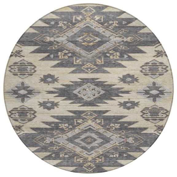HomeRoots 626806 8 ft. Beige & Gray Tribal Washable Transitional Indoor & Outdoor Round Area Rug