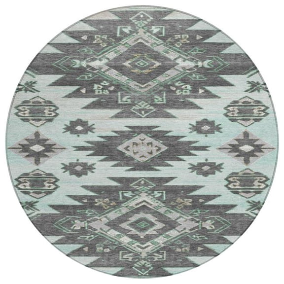 HomeRoots 626824 8 ft. Mint Green & Charcoal Tribal Washable Transitional Indoor & Outdoor Round Area Rug