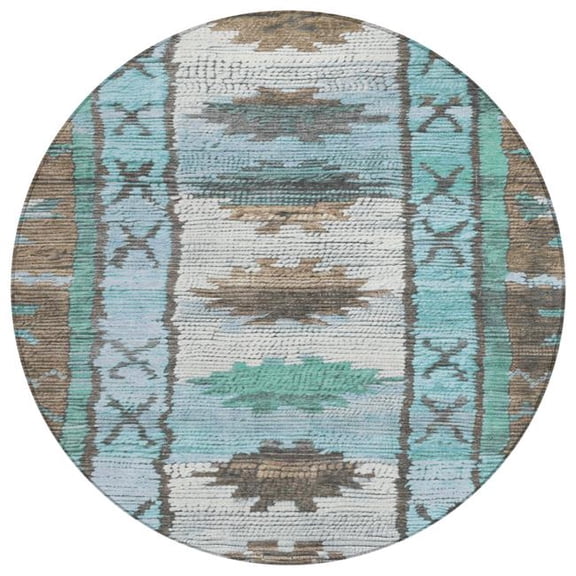 HomeRoots 626842 8 ft. Brown & Teal Blue Tribal Washable Transitional Indoor & Outdoor Round Area Rug