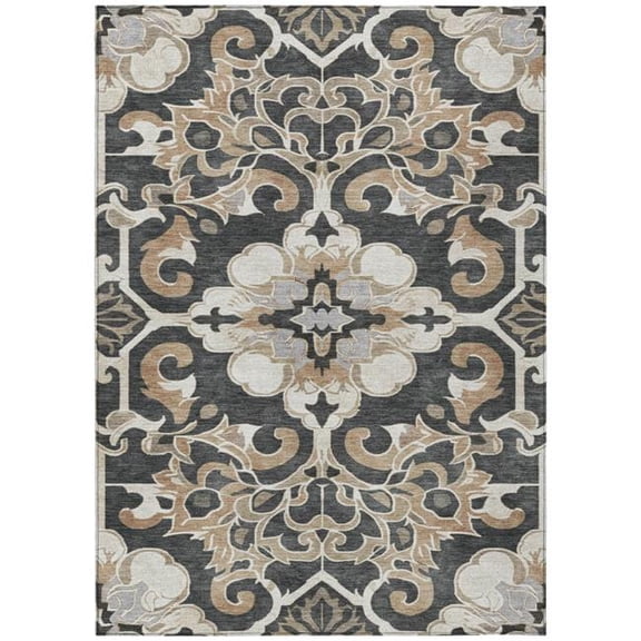 HomeRoots 626878 5 x 8 ft. Charcoal & Taupe Damask Washable Traditional Indoor & Outdoor Rectangle Area Rug
