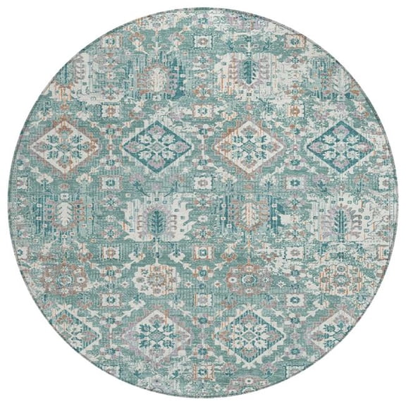 HomeRoots 628586 8 ft. Pale Aqua & Copper Floral Medallion Washable Traditional Indoor & Outdoor Round Area Rug