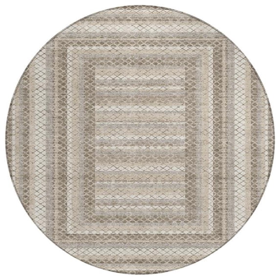 HomeRoots 628988 8 ft. Taupe & Ivory Geometric Washable Transitional Indoor & Outdoor Round Area Rug