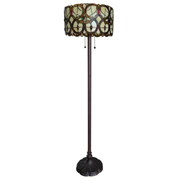63" Beige Two Light Torchiere Floor Lamp With Red And White Flowers Glass Drum Shade