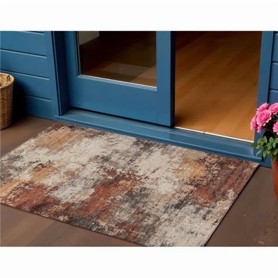 HomeRoots 630627 3 x 5 ft. Rust & Beige Abstract Washable Indoor & Outdoor Rectangle Area Rug
