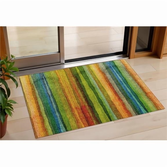 HomeRoots 631209 3 x 5 ft. Green Teal Blue & Copper Striped Washable Indoor & Outdoor Rectangle Area Rug