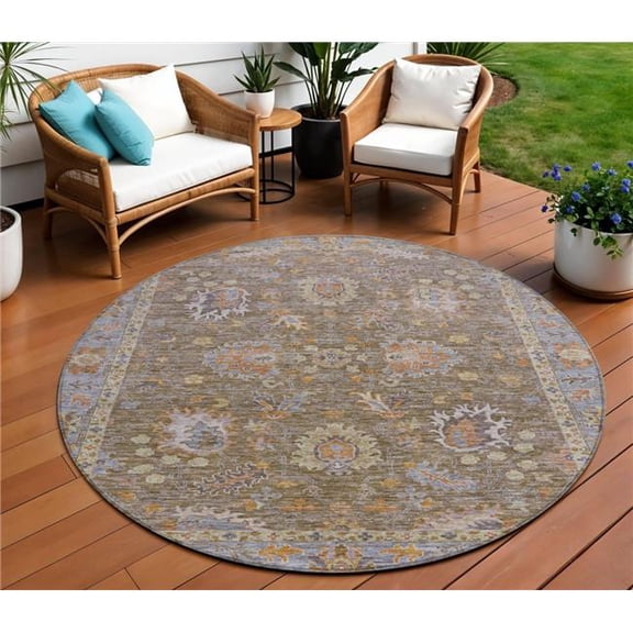 HomeRoots 631613 8 ft. Brown & Lavender Round Floral Washable Indoor & Outdoor Area Rug