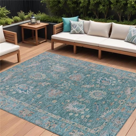 HomeRoots 631656 8 x 10 ft. Teal Blue & Beige Floral Washable Indoor & Outdoor Rectangle Area Rug