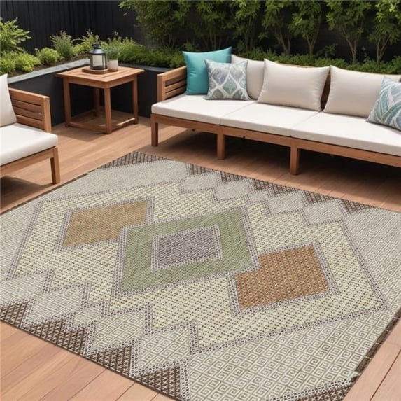 HomeRoots 631900 8 x 10 ft. Brown Copper & Fern Green Geometric Washable Indoor & Outdoor Rectangle Area Rug