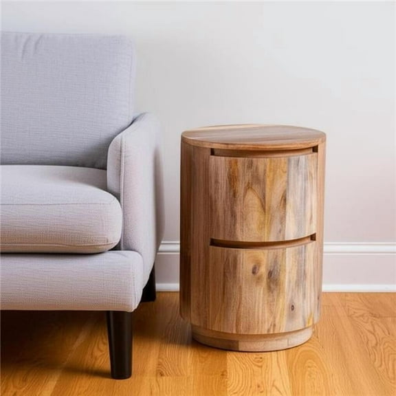 HomeRoots 632716 24 in. Solid Wood Round Drum End Table with Two Drawers, Natural