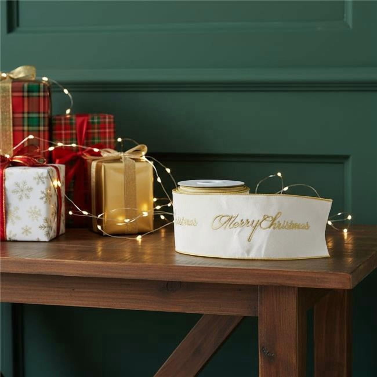 HomeRoots 633456 4 in. White & Gold Embroidered Merry Christmas Wired Ribbon