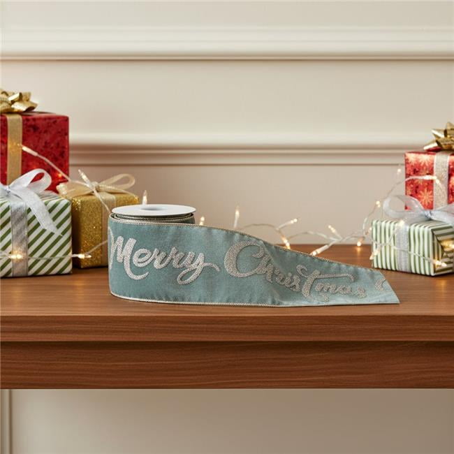 HomeRoots 633463 4 in. Green & Gold Glittered Merry Christmas Wired Ribbon
