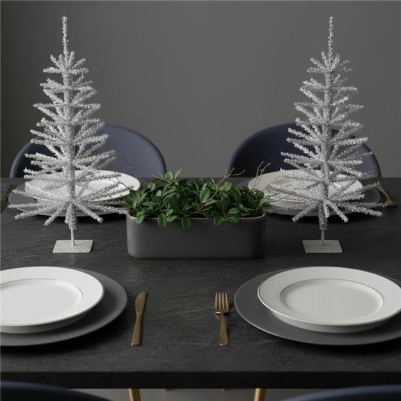 HomeRoots 633716 Silver Tinsel Sparse Pine Christmas Tree - Set of 2