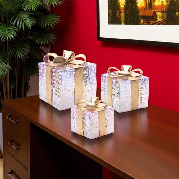 HomeRoots 634111 Clear & Gold Decorative Boxes with LED, Set of 3
