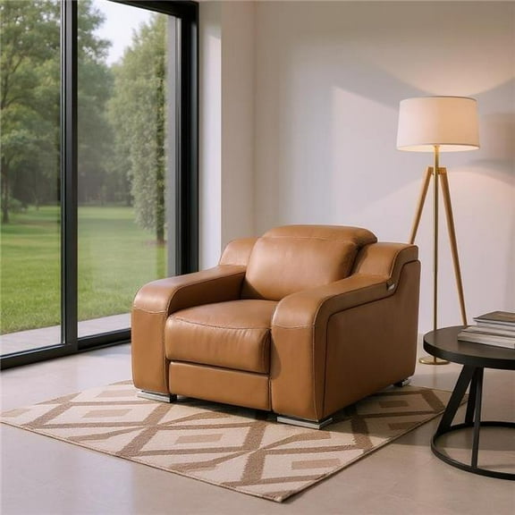 HomeRoots 634539 41 in. Chestnut Italian Leather Wall Hugger Recliner with USB