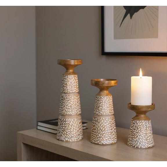 Set of Three Brown And White Distressed Floral Resin Tabletop Pillar Candle Holders