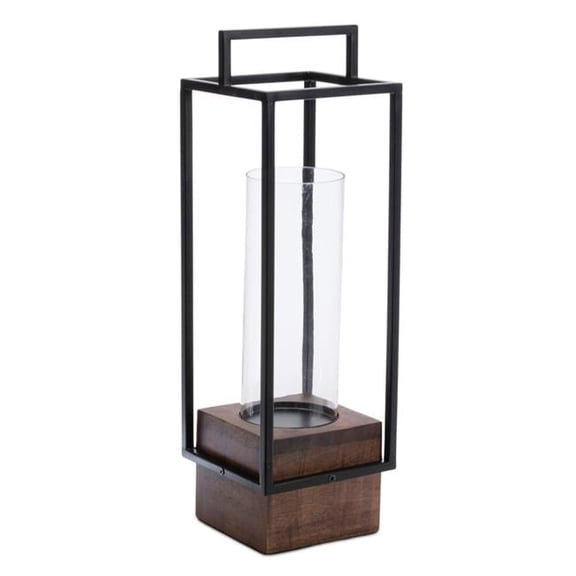 HomeRoots 634845 20 in. Black & Brown Metal & Solid Wood Tabletop Lantern Candle Holder