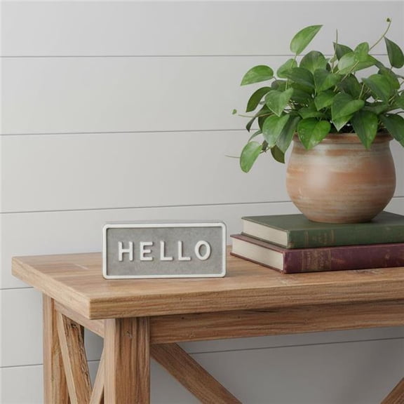 HomeRoots 635387 4 in. Gray & White Galvanized Metal Hello Hand Painted Tabletop Sign